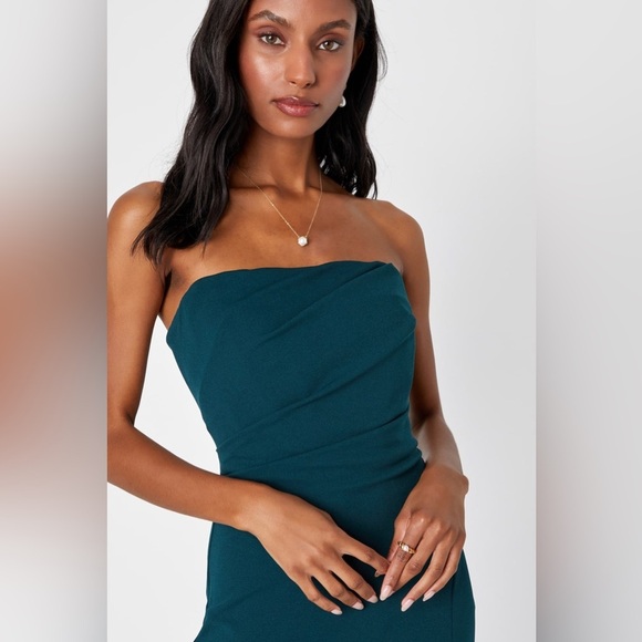 Sz L - NWOT‎ Lulus Marvelous Entrance Emerald Green Pleated Strapless Maxi Dress - Picture 4 of 9